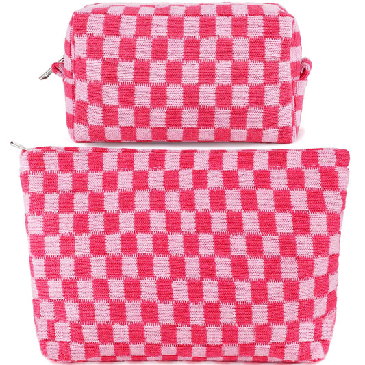 ZLFSRQ 2Pcs Checkered Makeup Bag Set – Large & Small Cosmetic Travel Toiletry Pouches for Women, Cute Preppy Pink Zipper Bags