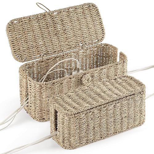 2-Pack Large Cable Management Box, Natural Rattan Cable Cord Organizer Boxes for Power Strip - 2 Open Slots Cords Hider Box for TV Wires, Computer