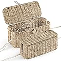 2-Pack Large Cable Management Box, Natural Rattan Cable Cord Organizer Boxes for Power Strip - 2 Open Slots Cords Hider Box for TV Wires, Computer