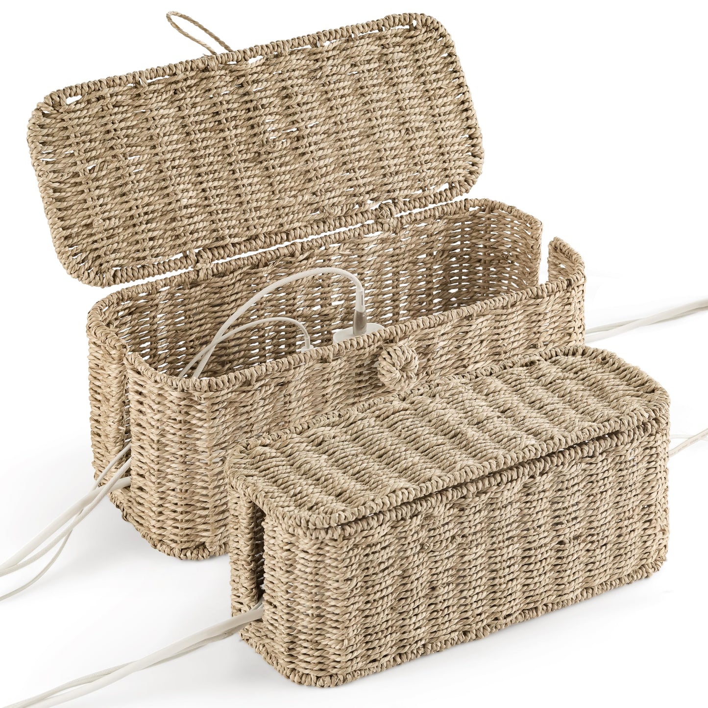 2-Pack Large Cable Management Box, Natural Rattan Cable Cord Organizer Boxes for Power Strip - 2 Open Slots Cords Hider Box for TV Wires, Computer