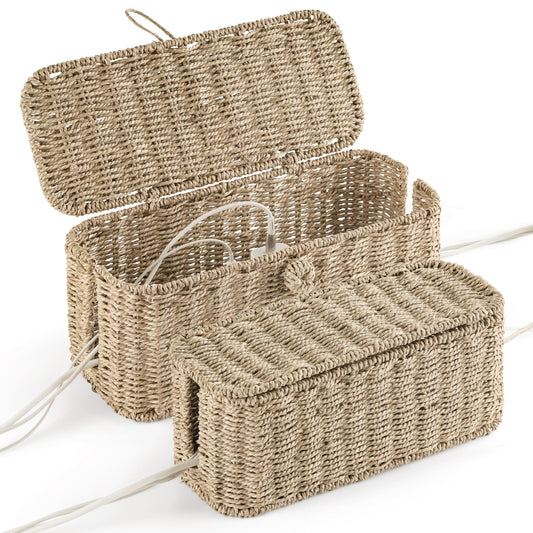 2-Pack Large Cable Management Box, Natural Rattan Cable Cord Organizer Boxes for Power Strip - 2 Open Slots Cords Hider Box for TV Wires, Computer