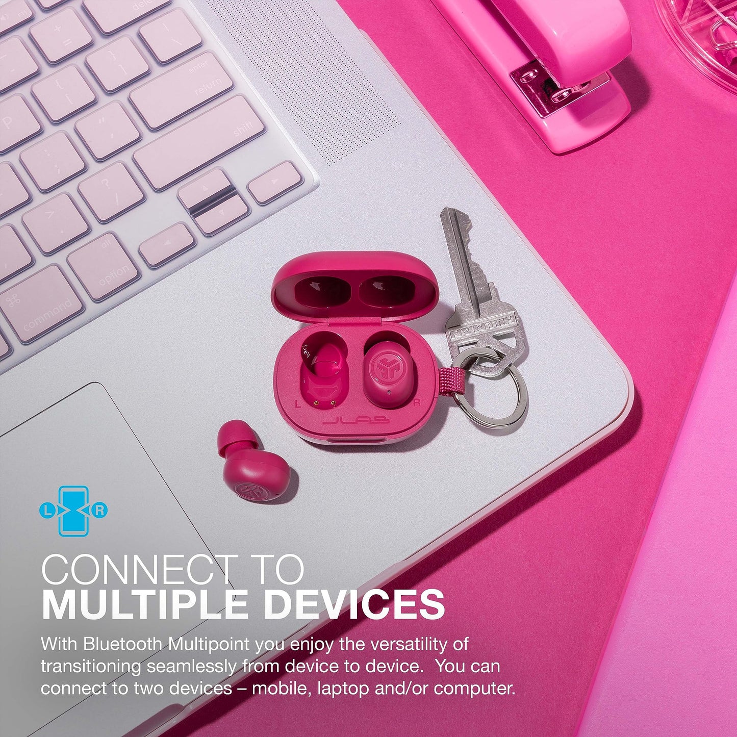 JLab JBuds Mini True Wireless Bluetooth Earbuds + Charging Case, Hot Pink, IP55 Sweat and Dust Proof, Bluetooth Multipoint, Be Aware Audio, 3 EQ Sound