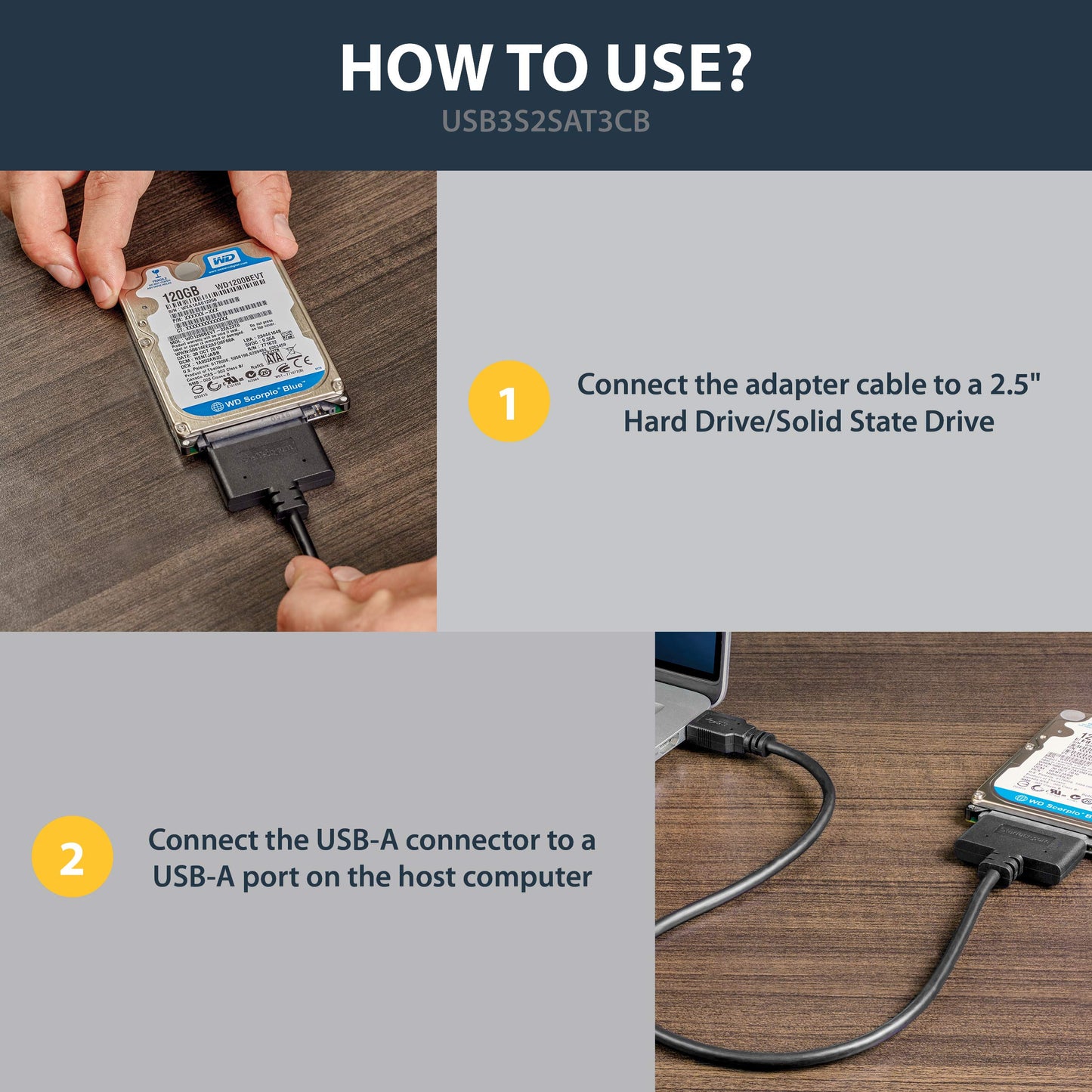 StarTech SATA to USB Cable, USB 5Gbps to 2.5in SATA I II III Hard Drive Adapter, External Converter for SSD or HDD Data Transfer