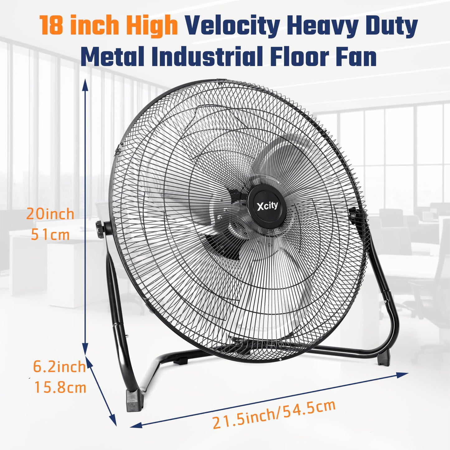 Xcity 18 Inch Metal Industrial Floor Fans, Max 4012 CFM, Heavy Duty High Velocity Fan with 3-speed and 360°Adjustable Tilt, for Warehouse, Workshop