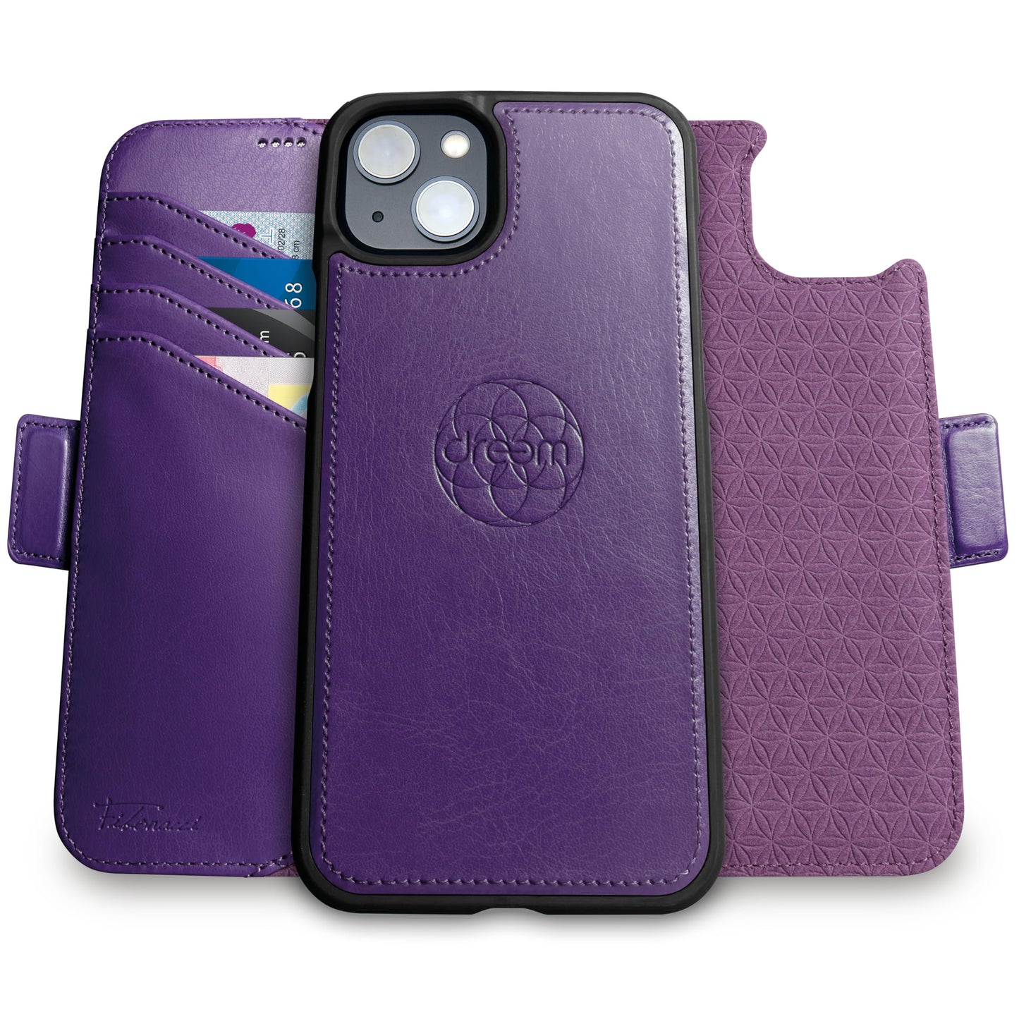 Dreem Wallet Case for iPhone 15 Plus, Revolutionary Vert/Hor Phone Stand, Magnetic Detachable Vegan Leather Flip Cover RFID Blocking Card Holder
