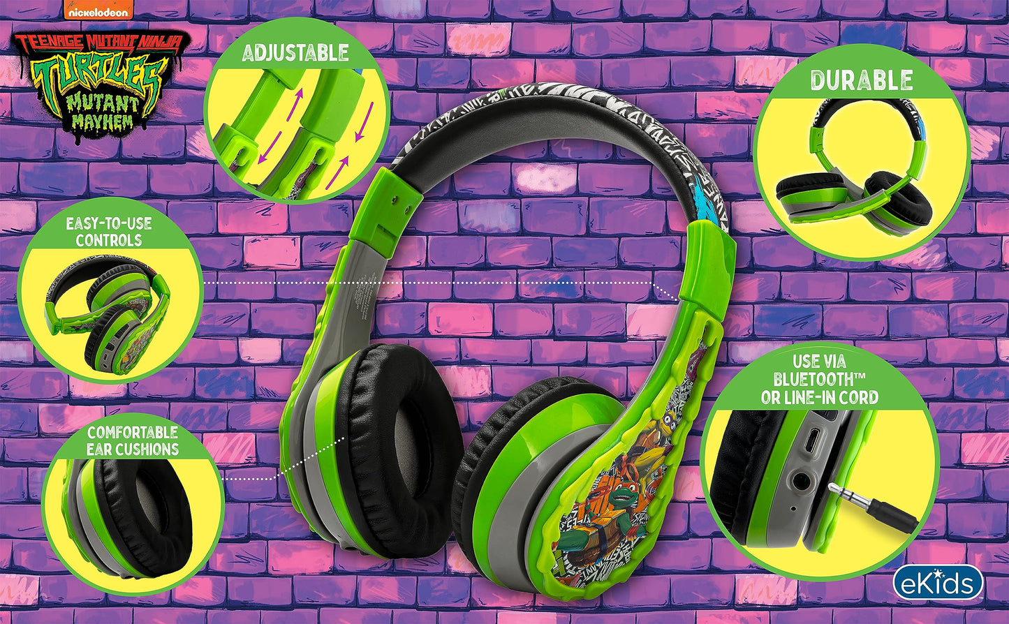 Teenage Mutant Ninja Turtles Bluetooth Headphones for Kids, Wireless Headphones with Microphone, Includes Aux Cord (Ninja Turtles)
