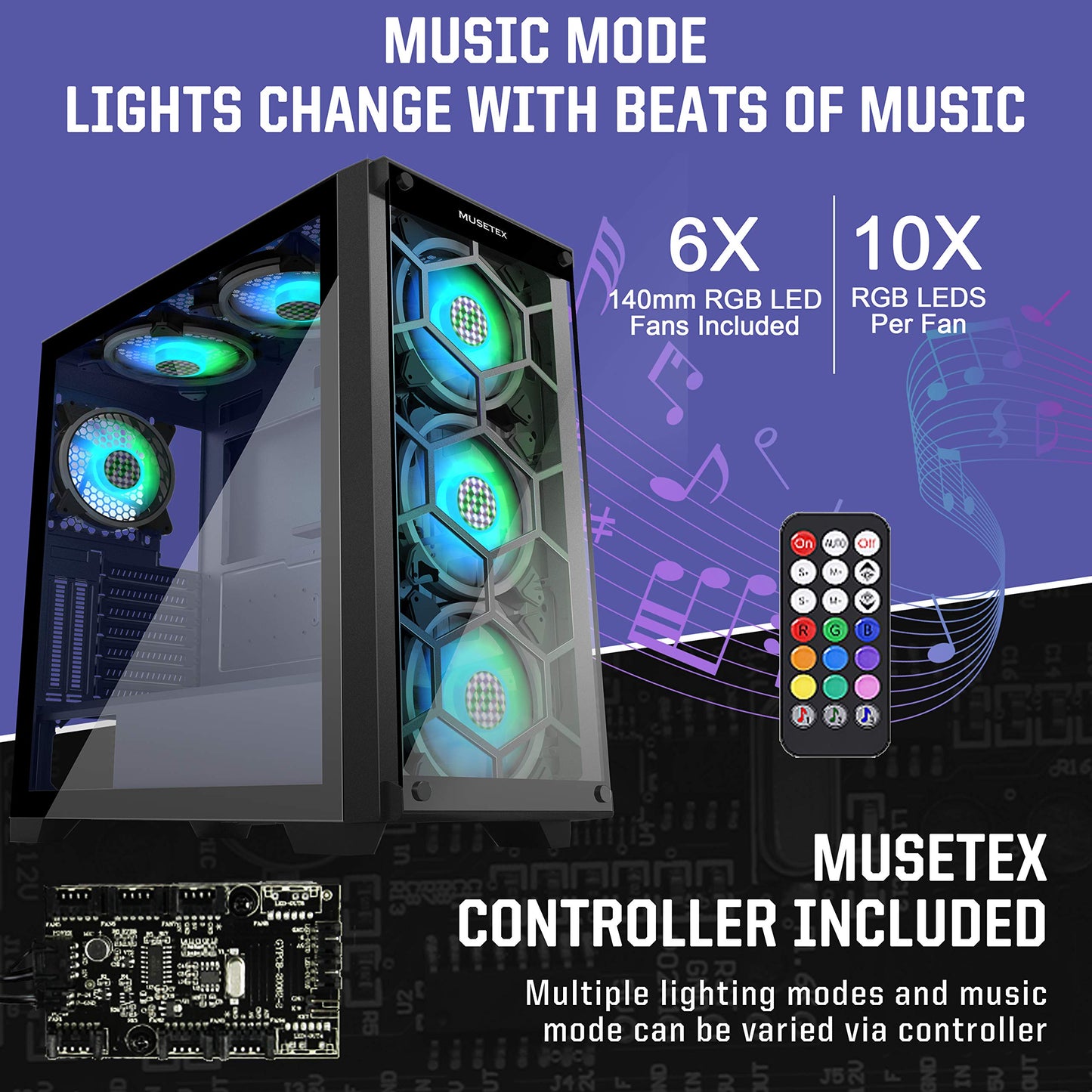 MUSETEX 5×140mm & 1×120mm ARGB Fans Voice Remote Control Mid-Tower Case with 2 PCS x USB 3.0 Ports Tempered Glass Panels PC Gaming Case Computer