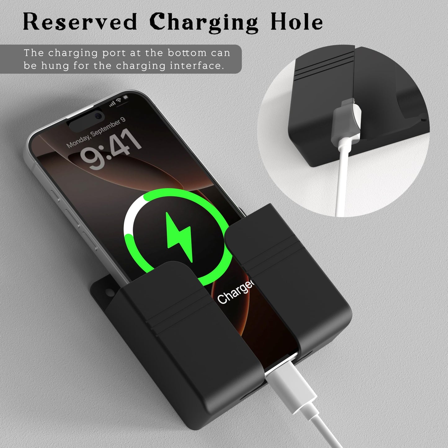 HZZADZXW Wall Mounted Phone Holder with Adhesive, No-Drill Phone Stand for Charging, Built-in Cable Slot, Phone Holder for Bathroom, Bedroom, Kitchen