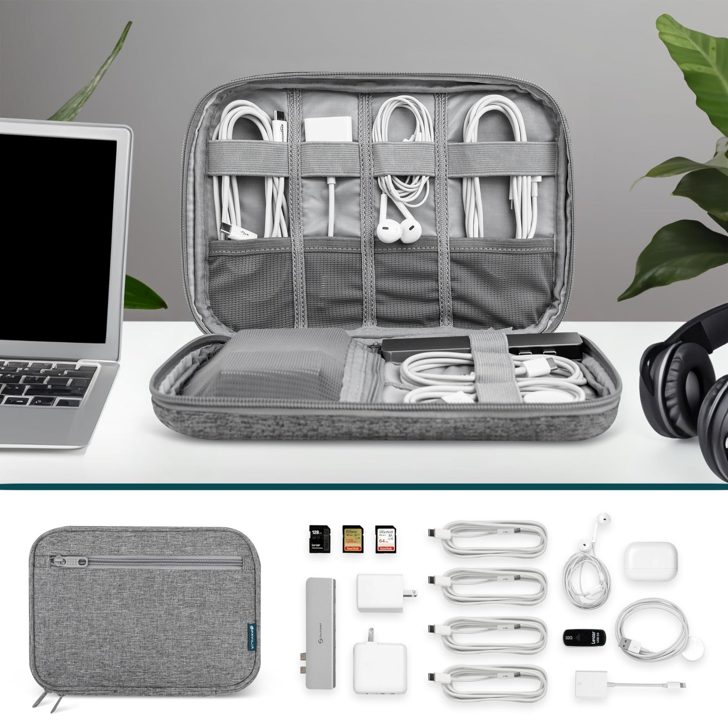 Pavilia Tech Organizer Case - Cable & Charger Storage, Travel Accessories for Men, Gray