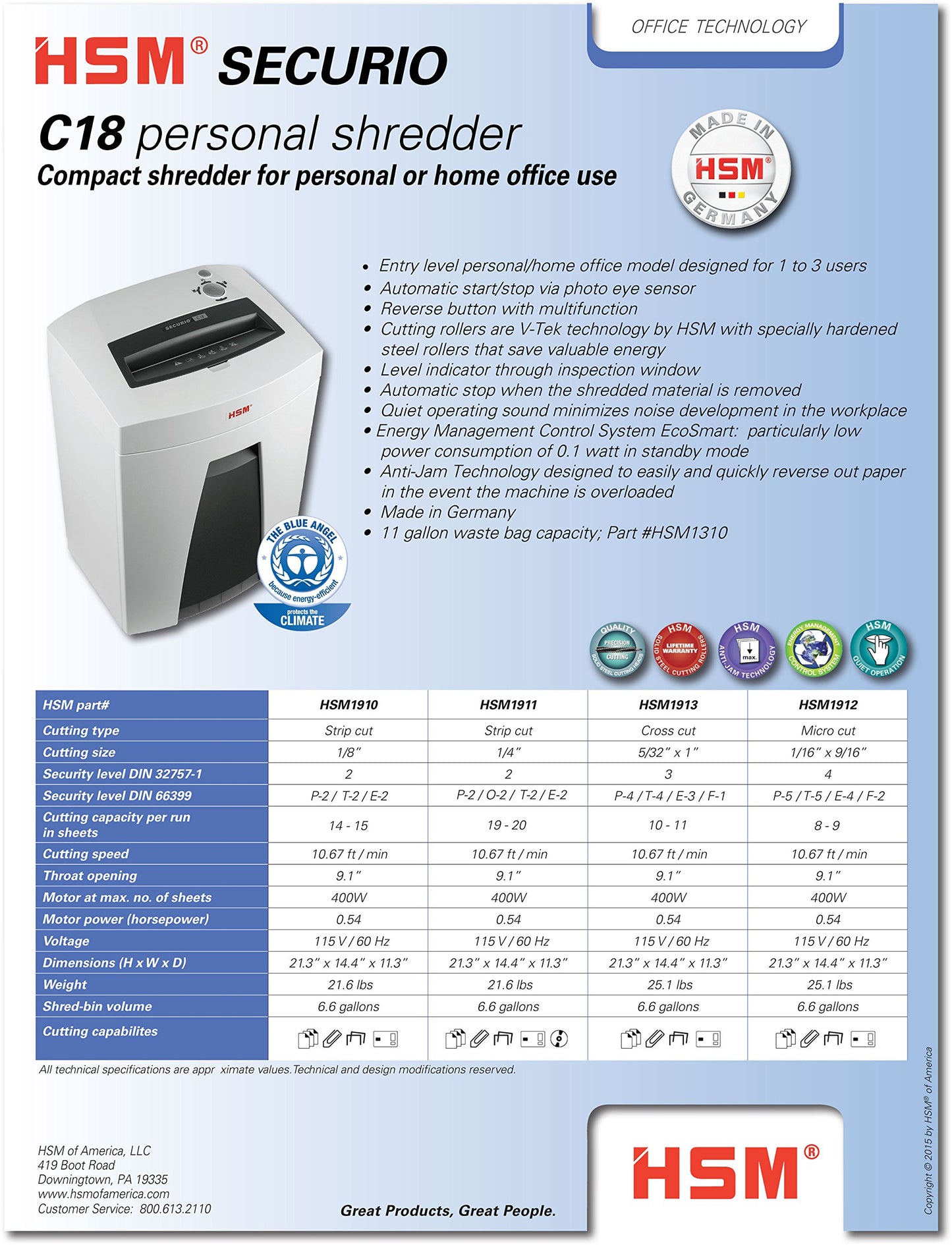 HSM SECURIO C18s, 19-20 Sheet, Strip Cut, 6.6-Gallon Capacity Shredder | HSM1911