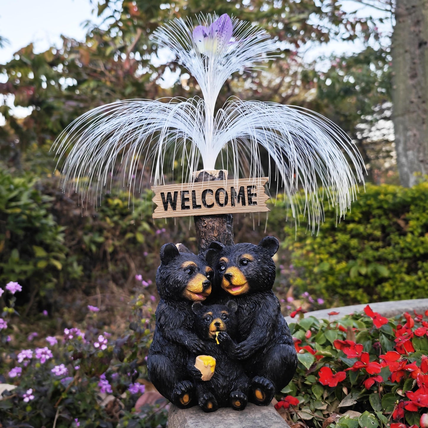 RCTTICUU Solar Bear Garden Statues,Resin Black Bear Family Figurine with Welcome Card and 7-Color Changing Optical Fiber with Solar Lights, Lawn Decor