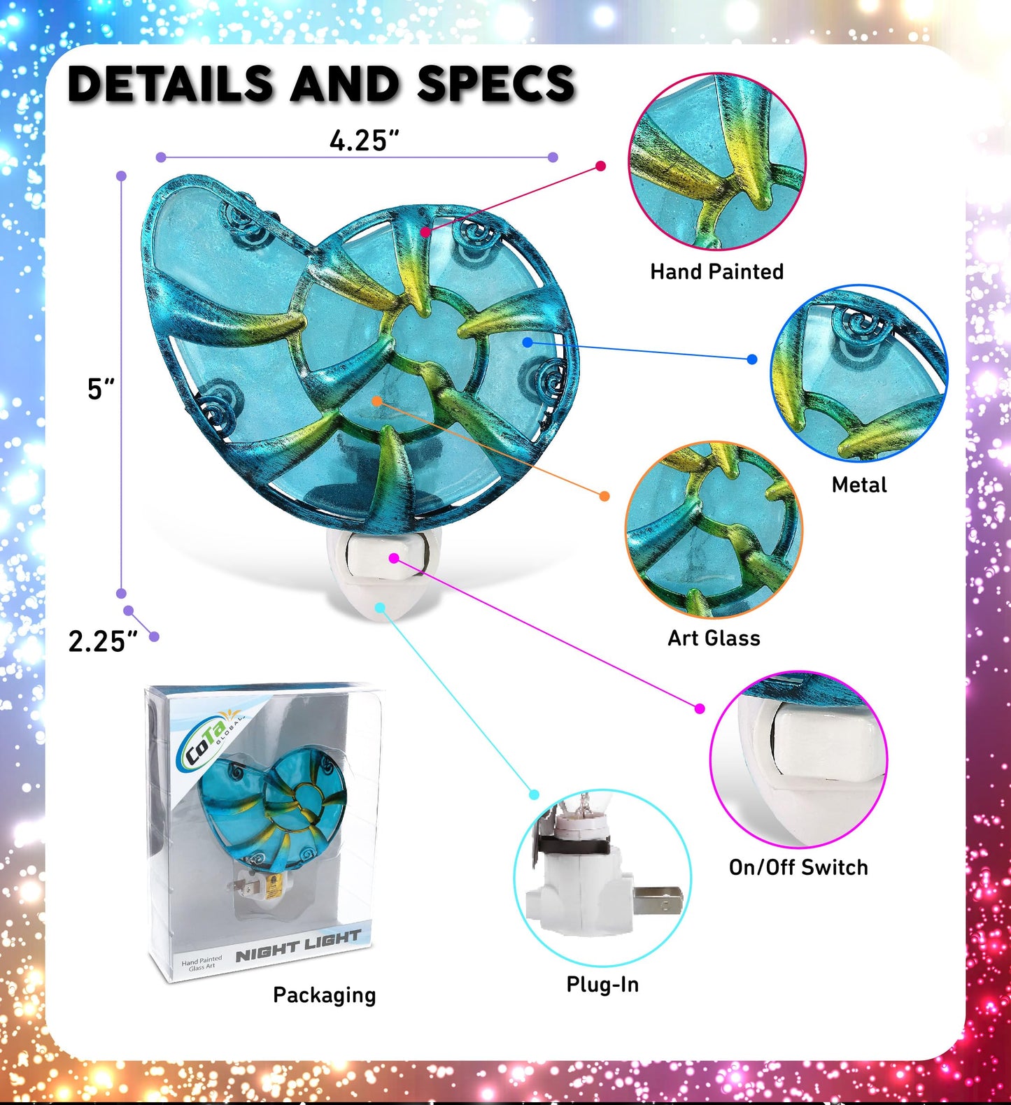 Puzzled Sea Shell Glass Art Night Light - Ocean-Themed Plug-in Wall Accent with On/Off Switch, Coastal Bathroom and Bedroom Decorative Lighting