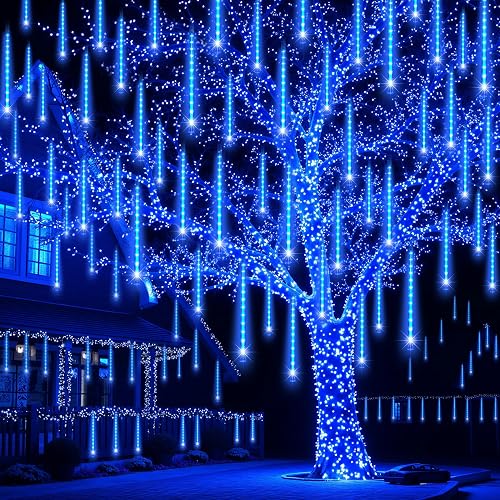 JOYIN Christmas Lights Outdoor,8 Tubes Meteor Shower Lights Blue,192 LEDs, Snowfall Icicle Cascading Rain Light for Christmas Tree Decorations