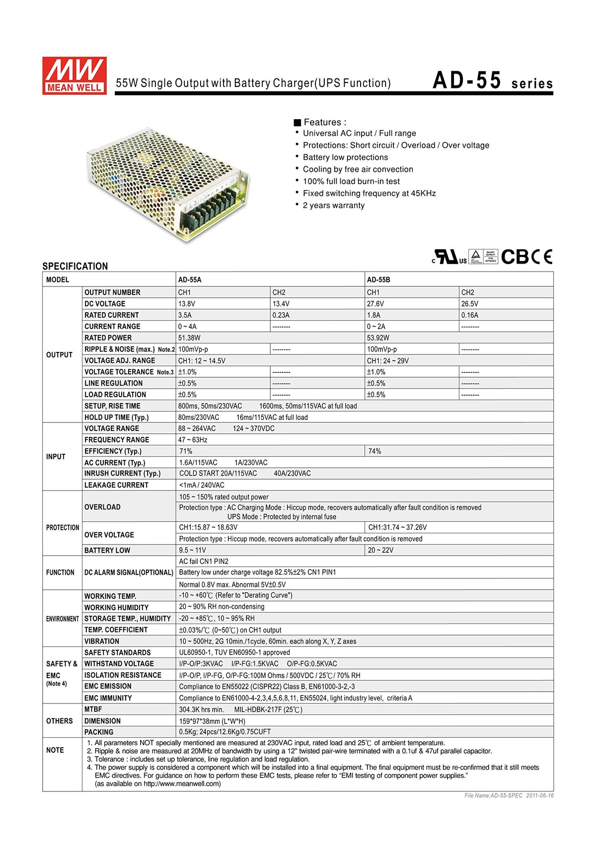 MEAN WELL AD-55B 27.6V 0.16A 1.8A 53.92W Single Output with Battery Charger(UPS Function) Security Series