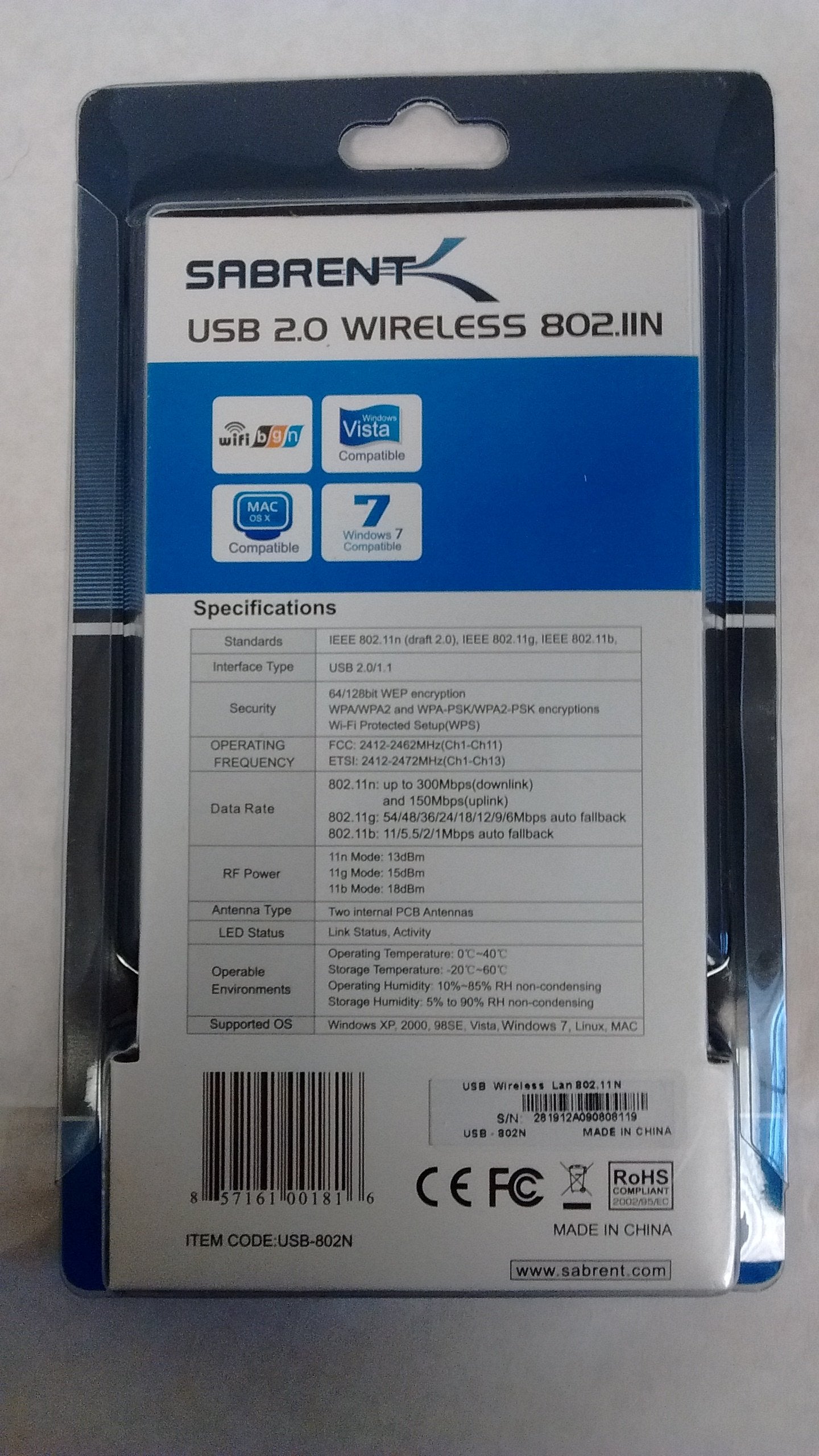 Sabrent USB 2.0 Wireless 802.11n Adapter (USB-802N)