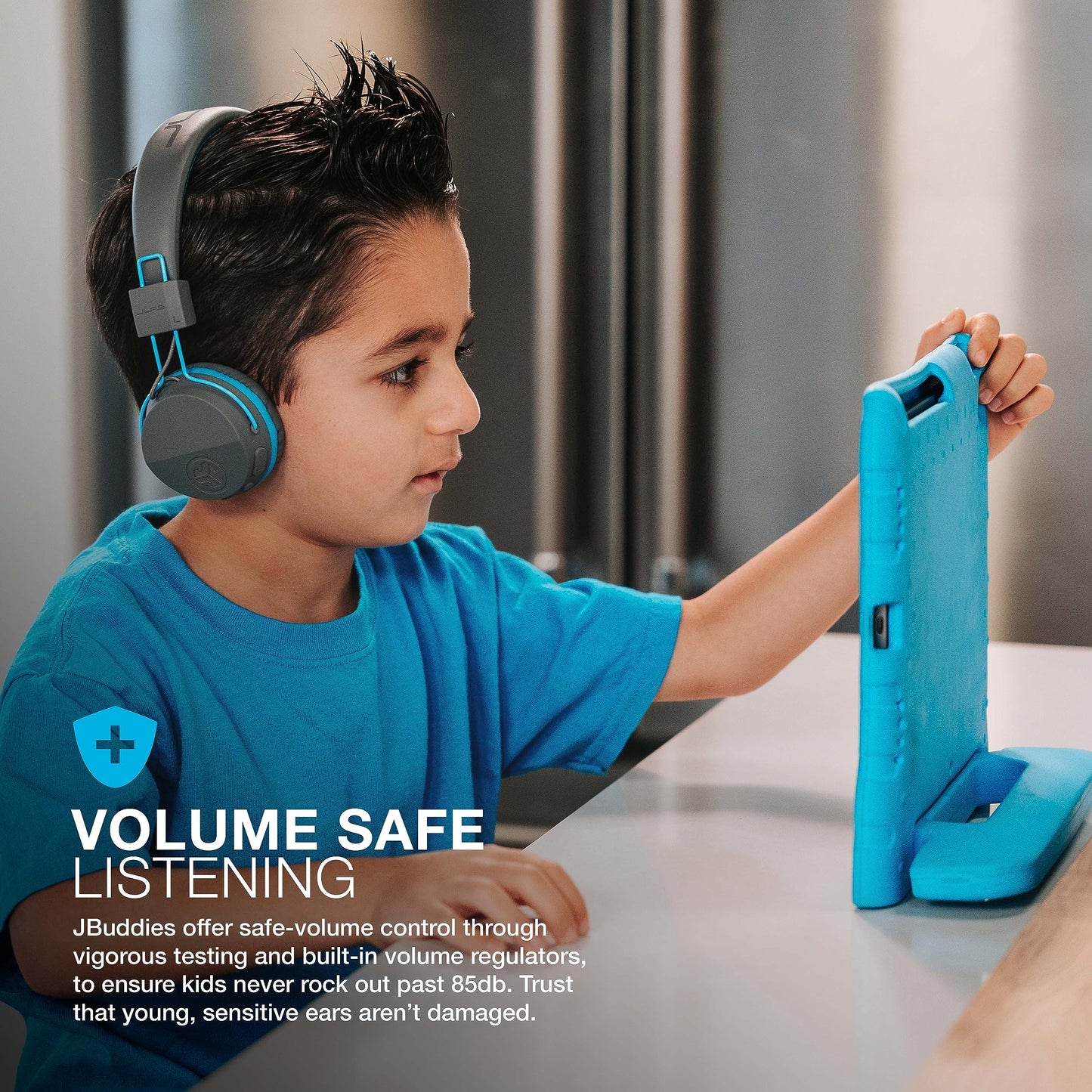 JLab JBuddies Studio Wireless on-Ear Kids Headphones with mic, Graphite/Blue
