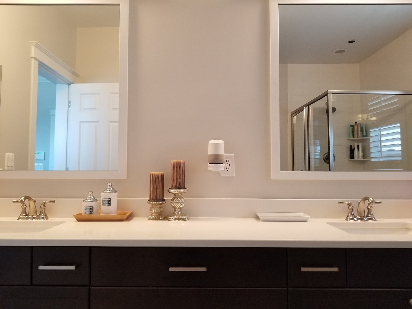 Mount Genie Smart Home Outlet Shelf: Hidden Cord Storage and Extra Custom Short Cords Great for Google Home, Nest, Security Cameras, Smart Speakers