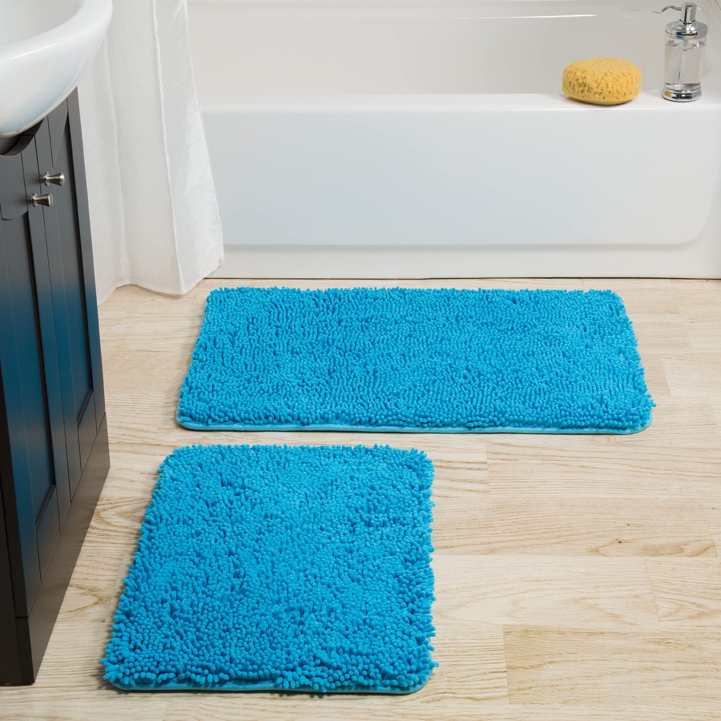 Bedford Home Blue 2 Piece Memory Foam Shag Bath Mat, 32"x21"x1.25"