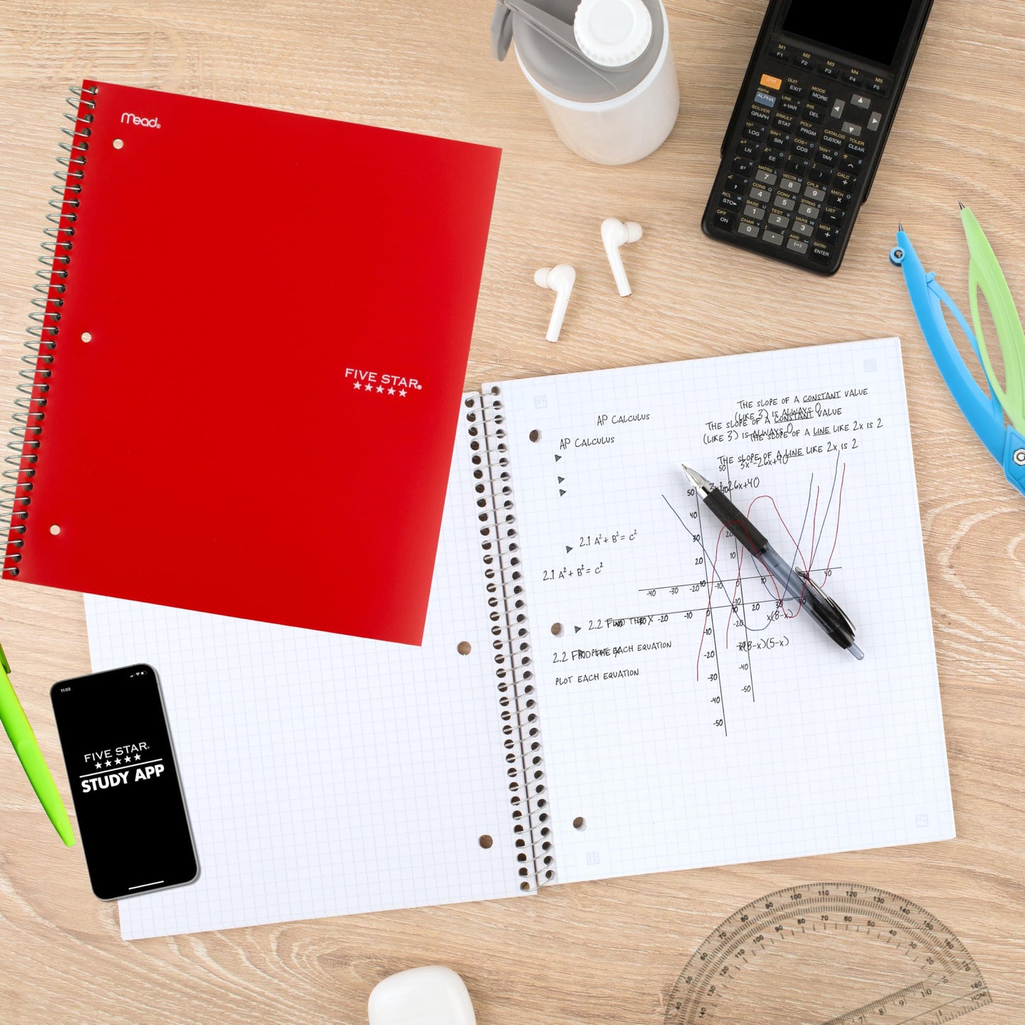 Five Star Spiral Notebook + Study App, 1 Subject, Graph Ruled Paper, 8-1/2" x 11", 100 Sheets, Fights Ink Bleed, Water Resistant Cover, Fire Red