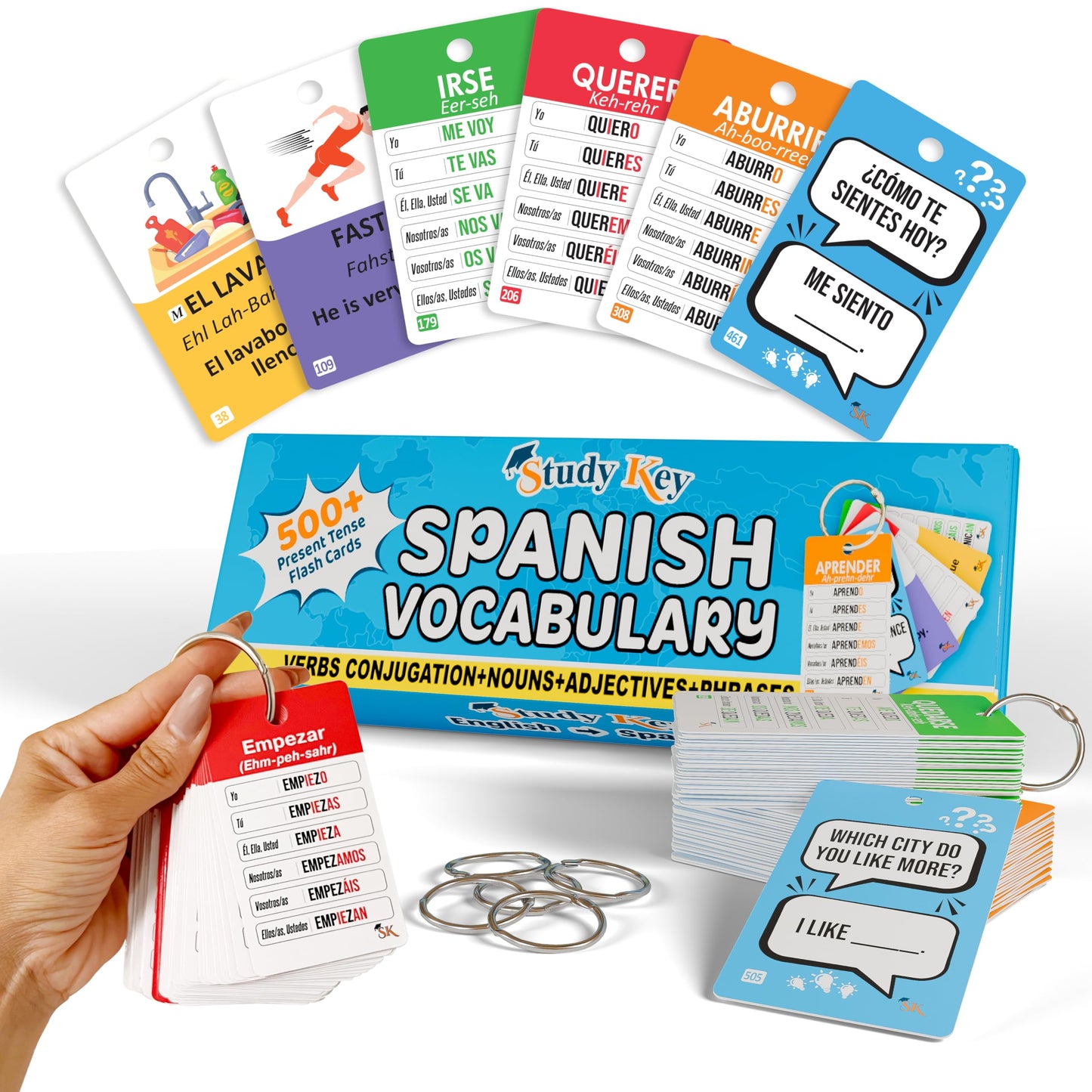 500+ Spanish Vocabulary Flash Cards – Verb Conjugation, Nouns, Adjectives & Phrases for Adults & Teens Ages 15+, Beginner Spanish Learning