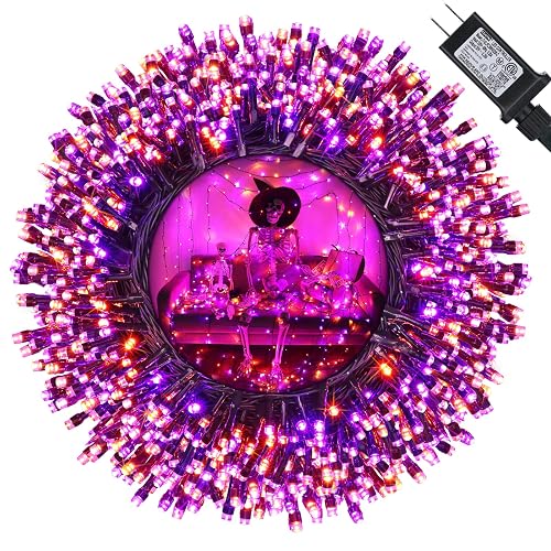 Orange and Purple Halloween Lights, 114ft 300 LED Connectable Halloween String Lights with 8 Modes, Waterproof Plug in Orange Purple Fairy Light