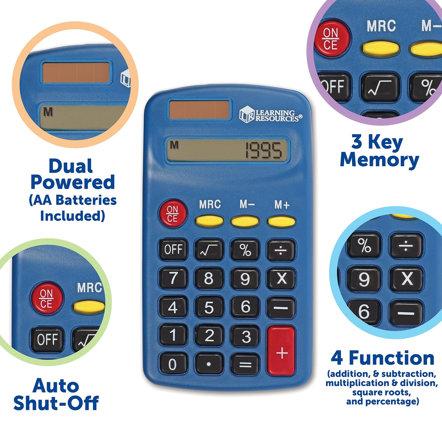 Learning Resources Primary Calculator - Basic Solar and Battery Powered Calculators for Students, Teach Basic Math Operations, School Supplies