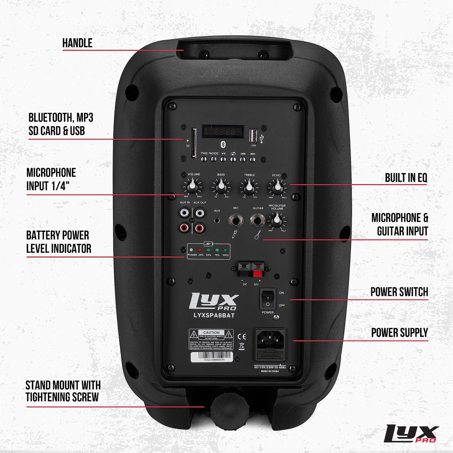 LyxPro 8” Inch Active PA Rechargeable Battery Speaker System, Equalizer, Bluetooth Connection, SD Slot USB MP3 AUX, Mic,1/4" 1/8" 3.5mm Inputs, SPA-8