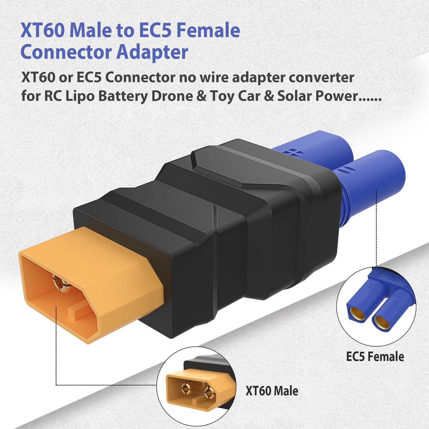 New XT60 Connector EC5 Connector XT60 Male to EC5 Female Connector XT60 Extension Cable Terminal,No Wires Connectors RC Battery Adapter, RC Cars
