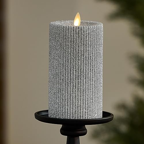 Luminara Brilliant Silver Glitter Ribbed Flameless LED Candle Moving Flame Pillar, Real Wax, Flat Top, Timer (3.25" x 6.5")