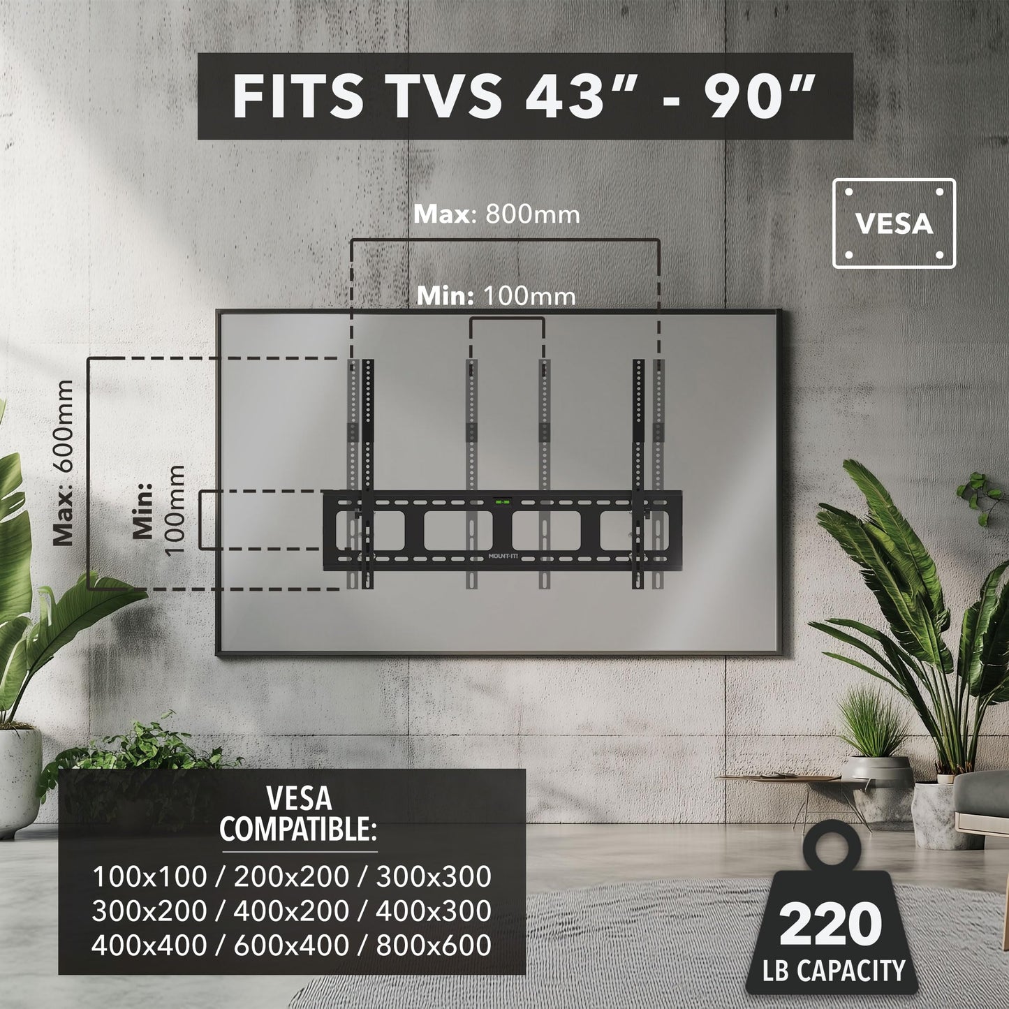 Mount-It! Heavy-Duty Low-Profile Tilt TV Wall Mount for 65-90 Inch TVs | Ultra-Slim 1.5" Depth, Holds 220 lbs | Downward Tilt for Anti-Glare | VESA