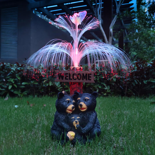 RCTTICUU Solar Bear Garden Statues,Resin Black Bear Family Figurine with Welcome Card and 7-Color Changing Optical Fiber with Solar Lights, Lawn Decor