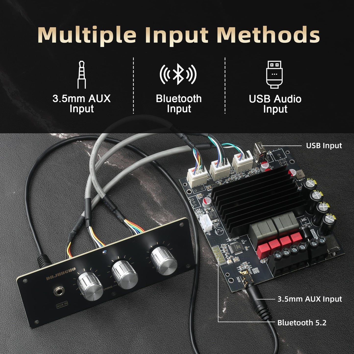 T100HS-W Power Amplifier Board Bluetooth5.2 TPA3221 Chip 2.0 Channel 100W×2,Audio Power Amplifier with Front Panel