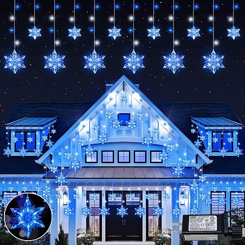 Qunlight Christmas Snowflake Lights,8.2ft 144LED Curtain Icicle Lights with 12 Drops,Connectable 8 Modes Timer Xmas Icicle Light Plug in