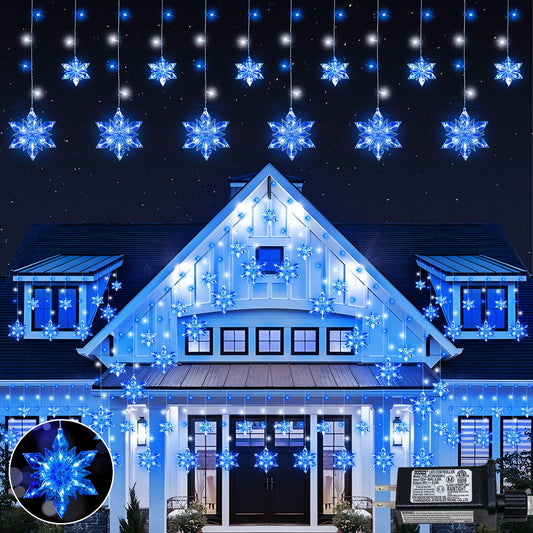 Qunlight Christmas Snowflake Lights,8.2ft 144LED Curtain Icicle Lights with 12 Drops,Connectable 8 Modes Timer Xmas Icicle Light Plug in
