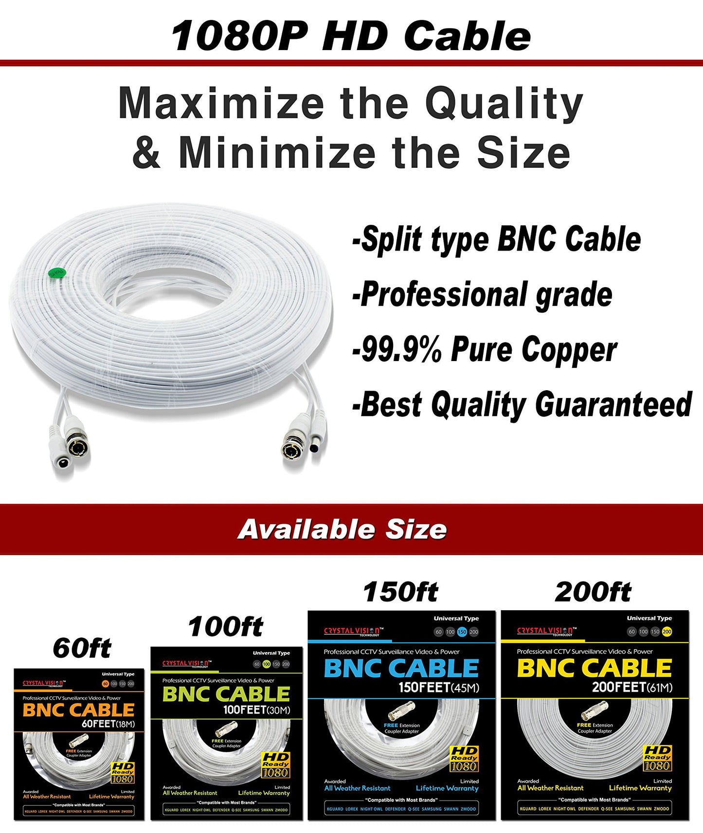 Crystal Vision Premium 1080P HD BNC CCTV Surveillance Security Camera Combo Cable Premade Siamese W/Coupler for Samsung, Lorex, Swann, Q-See