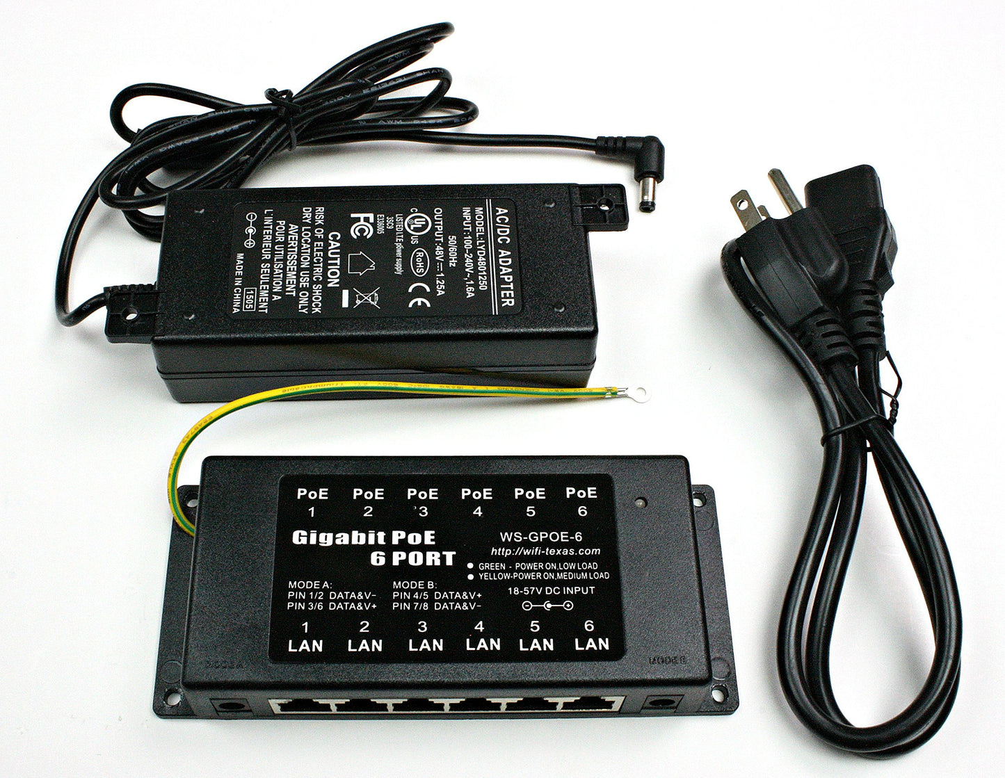 PoE Texas GPOE-6AB-48v60w | Gigabit 6 Port Passive Power Over Ethernet Injector for 802.3af Devices | with 48 Volt 60 Watt Power Supply