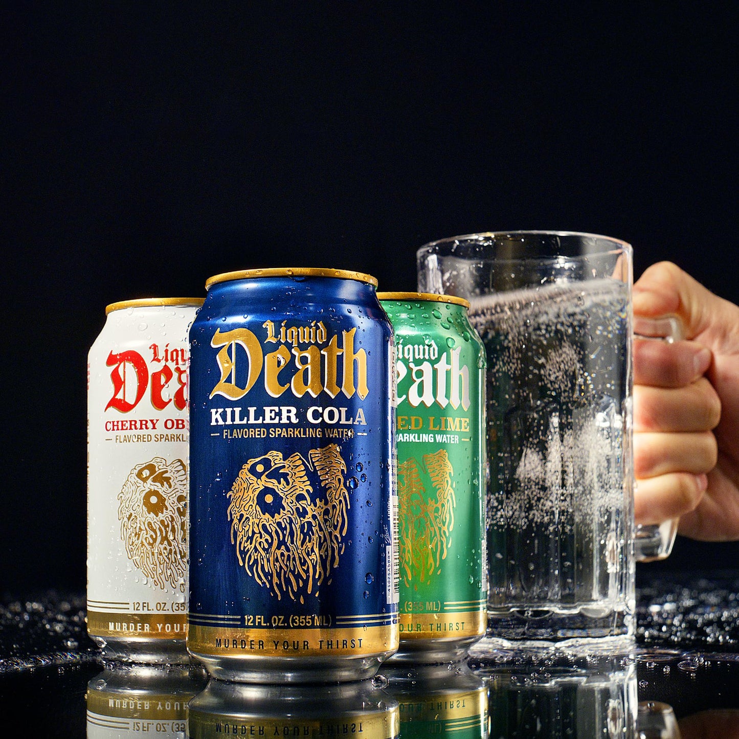 Liquid Death Soda-Flavored Sparkling Water - Classic Variety, Less Sugar*, Huge Flavor, No Caffeine, No Artificial Sweeteners, 4 Flavors: Lime, Doctor Death, Cola, Root Beer, 12 Fl Oz (Pack of 12)