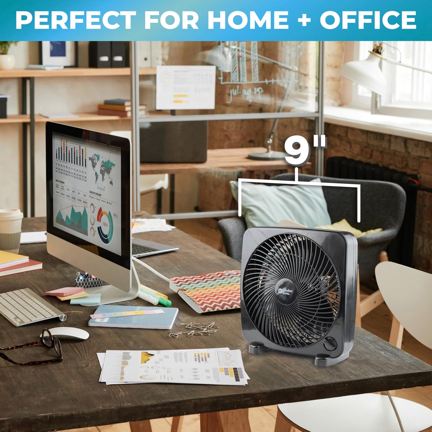 Comfort Zone 9-inch Portable Box Fan, Black