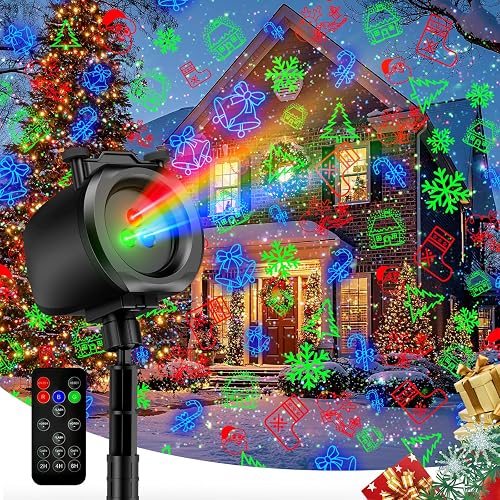 Christmas Lights Projector Outdoor, 2-in-1 Holiday Light Projector with 4 Slides & 8 Brighter HD Patterns, Moving RGB Firefly Effects Light