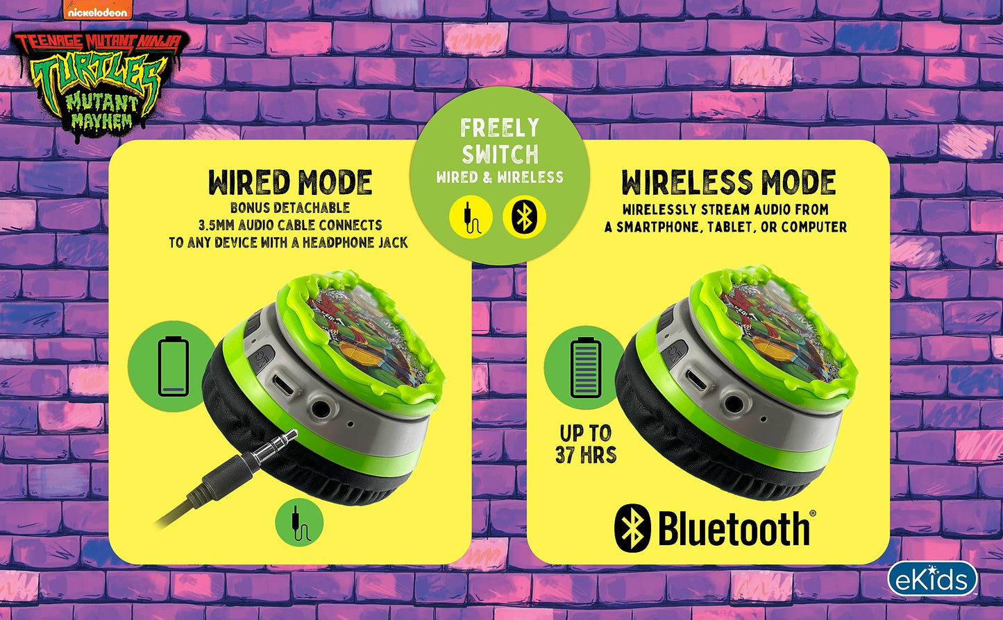 Teenage Mutant Ninja Turtles Bluetooth Headphones for Kids, Wireless Headphones with Microphone, Includes Aux Cord (Ninja Turtles)