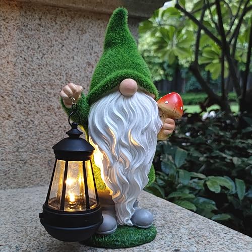 Qobumy Gnomes Solar Garden Statues,Resin Gnome Figurine Decorations Holding Mushroom and Solar Lights Lantern, Outdoor Figurines Lawn Garden Statue