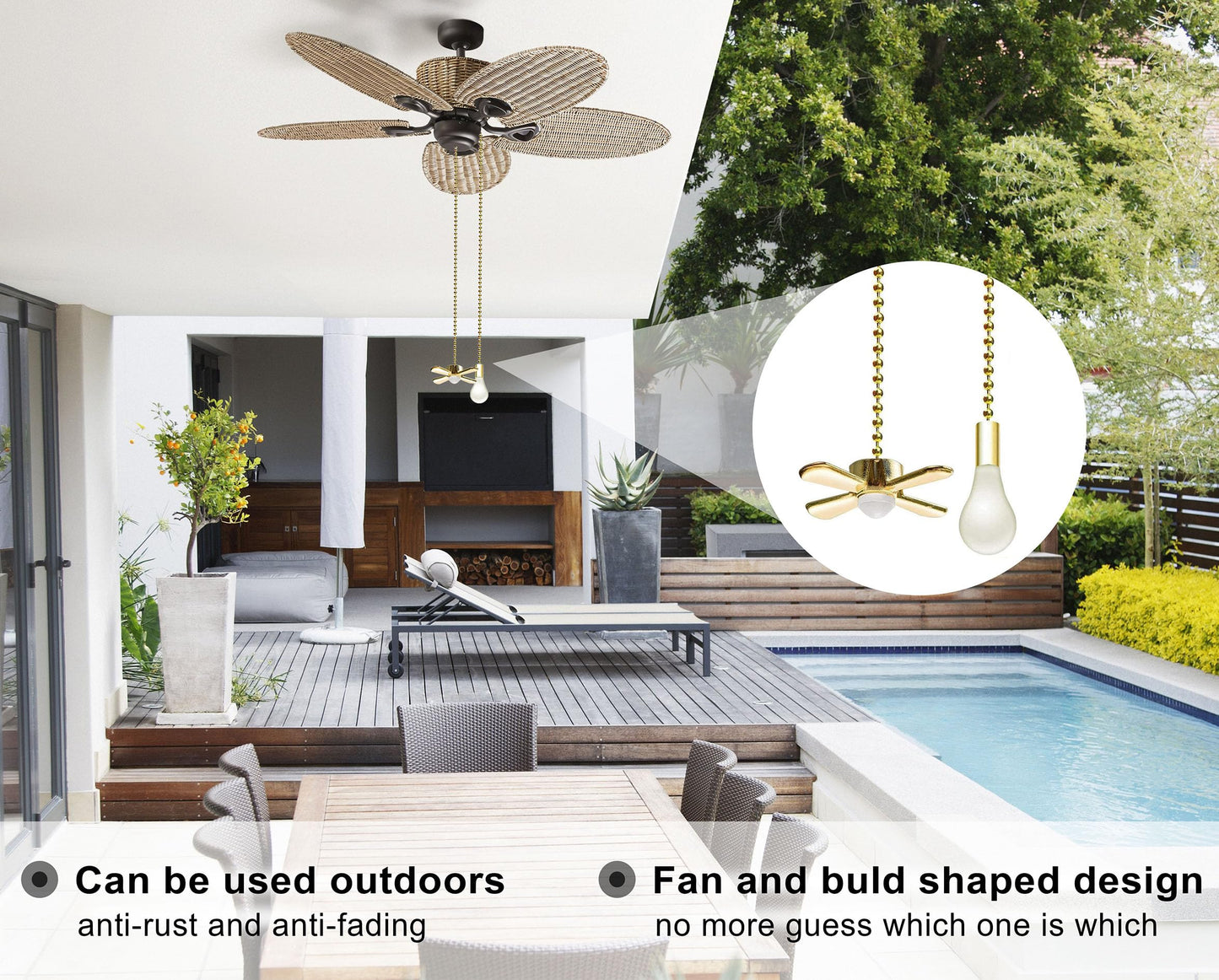 Ceiling Fan Pull Chain, 13.6 Inches Fan Pulls Set with Connector, 2 PCS Beaded Ball Fan Pull Chain- Brass
