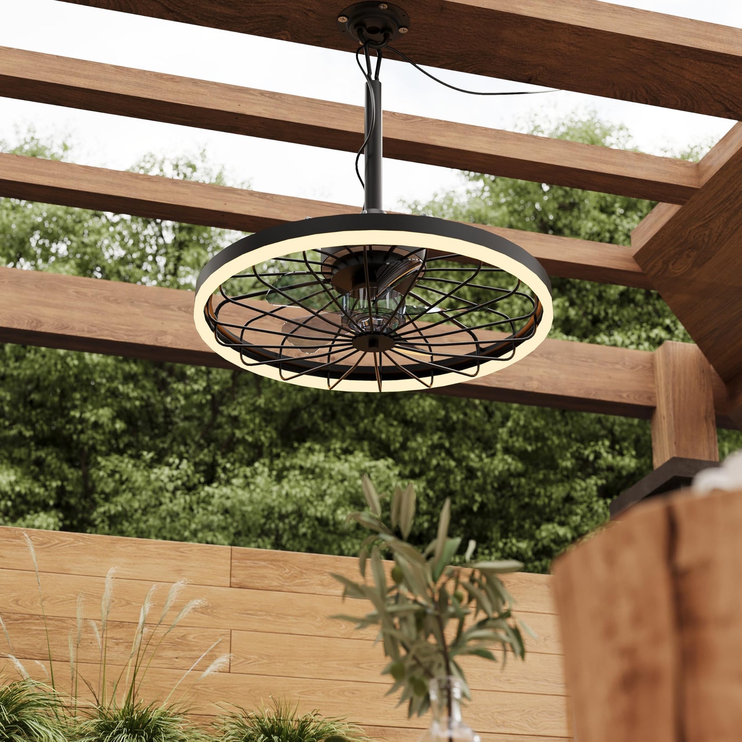 Lanxithen Plug In Outdoor Ceiling Fan, 20 Inch Caged Ceiling Fan with Light