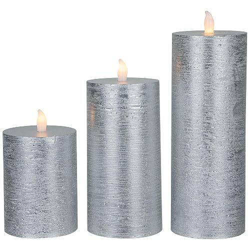 Northlight Flameless Flickering LED Wax Pillar Candles - 8" - Brushed Silver - Set of 3