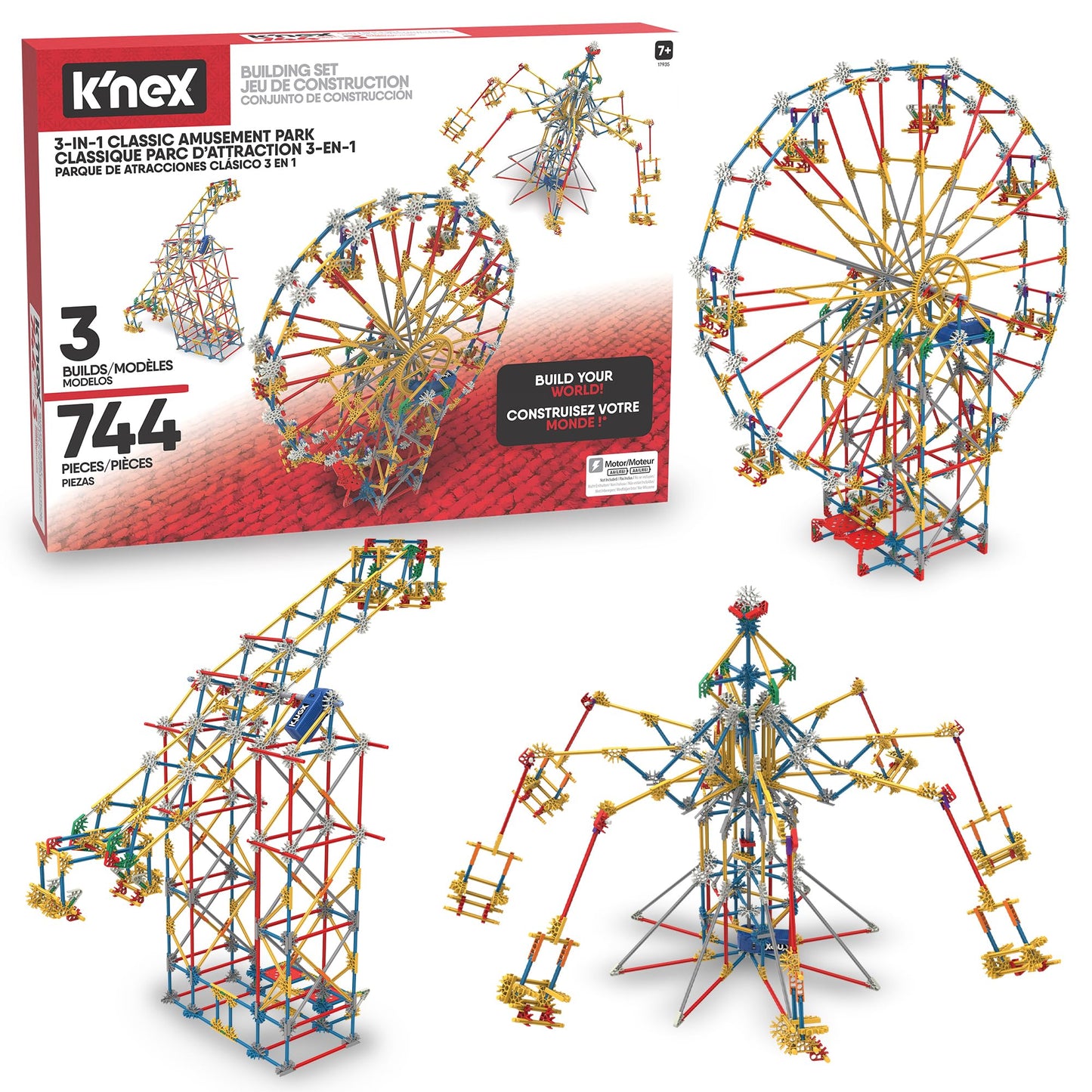 K'NEX - 3-in-1 Classic Amusement Park Building Set - 744 Pieces, Motorized, Kid Construction Set‚ Ages 9+