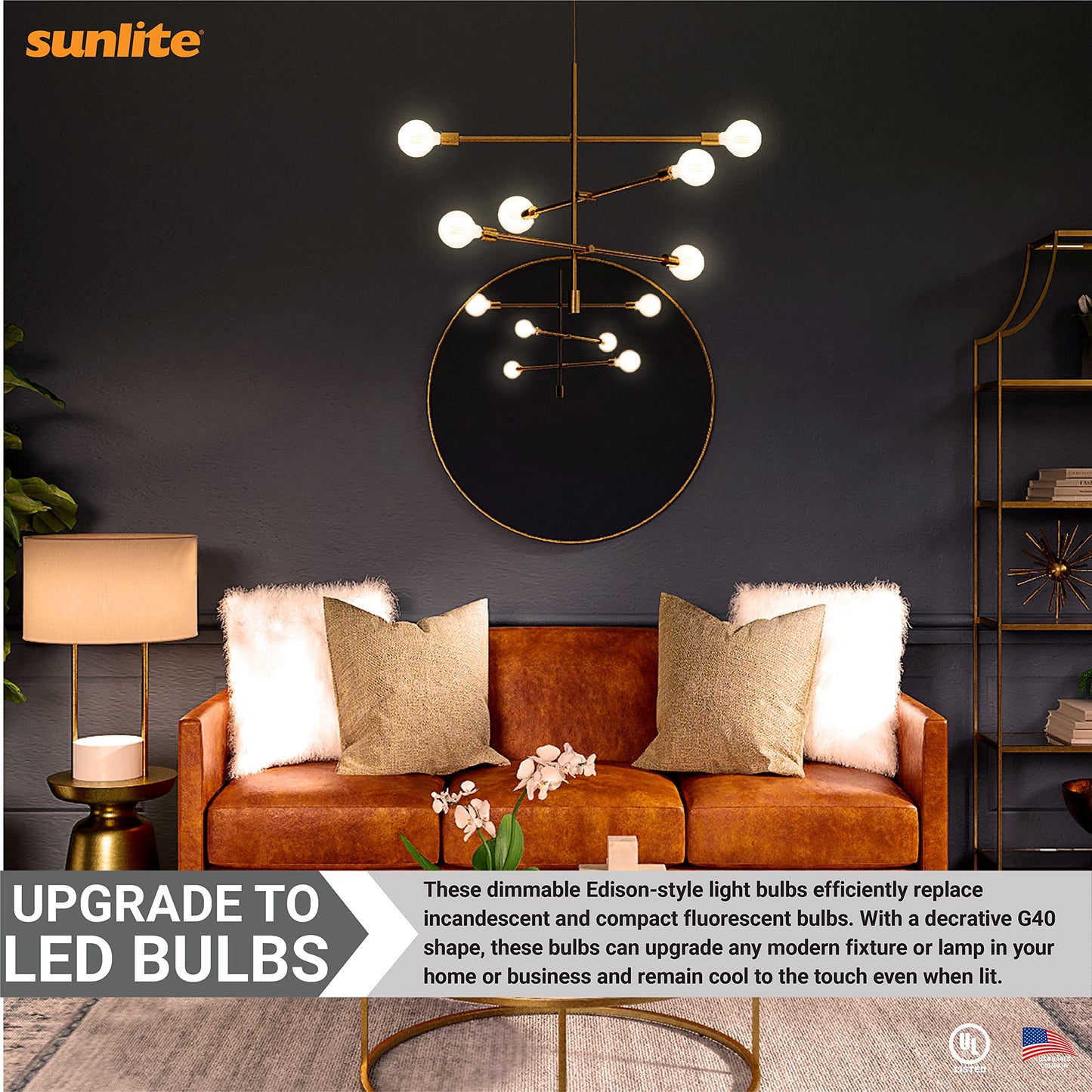 Sunlite 41836 LED G40 Edison Globe Light Bulb, 8.5 Watts (100W Equivalent), Standard E26 Base, 800 Lumens, Dimmable, Clear Glass, Long Filament, 90