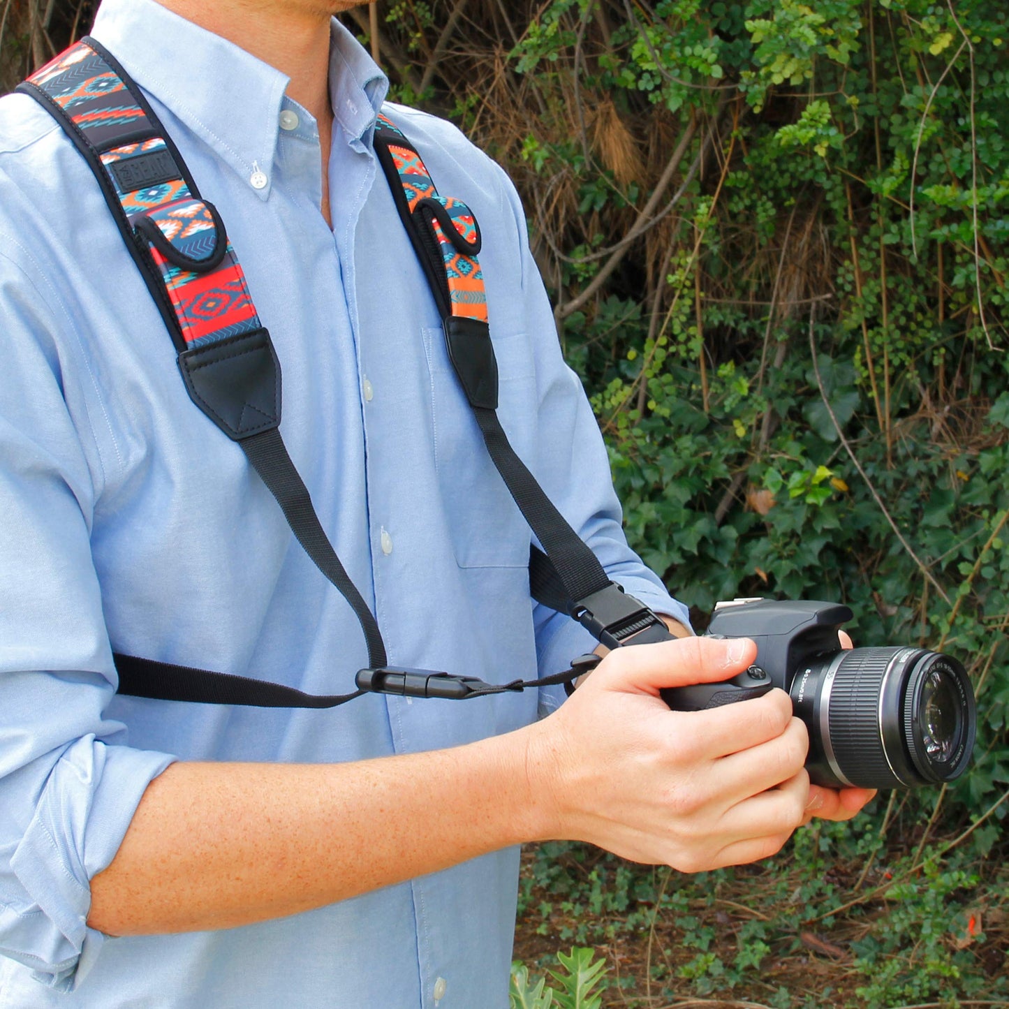 USA Gear DSLR Camera Strap Chest Harness with Quick Release Buckles, Southwest Neoprene Pattern and Accessory Pockets - Compatible with Canon, Nikon
