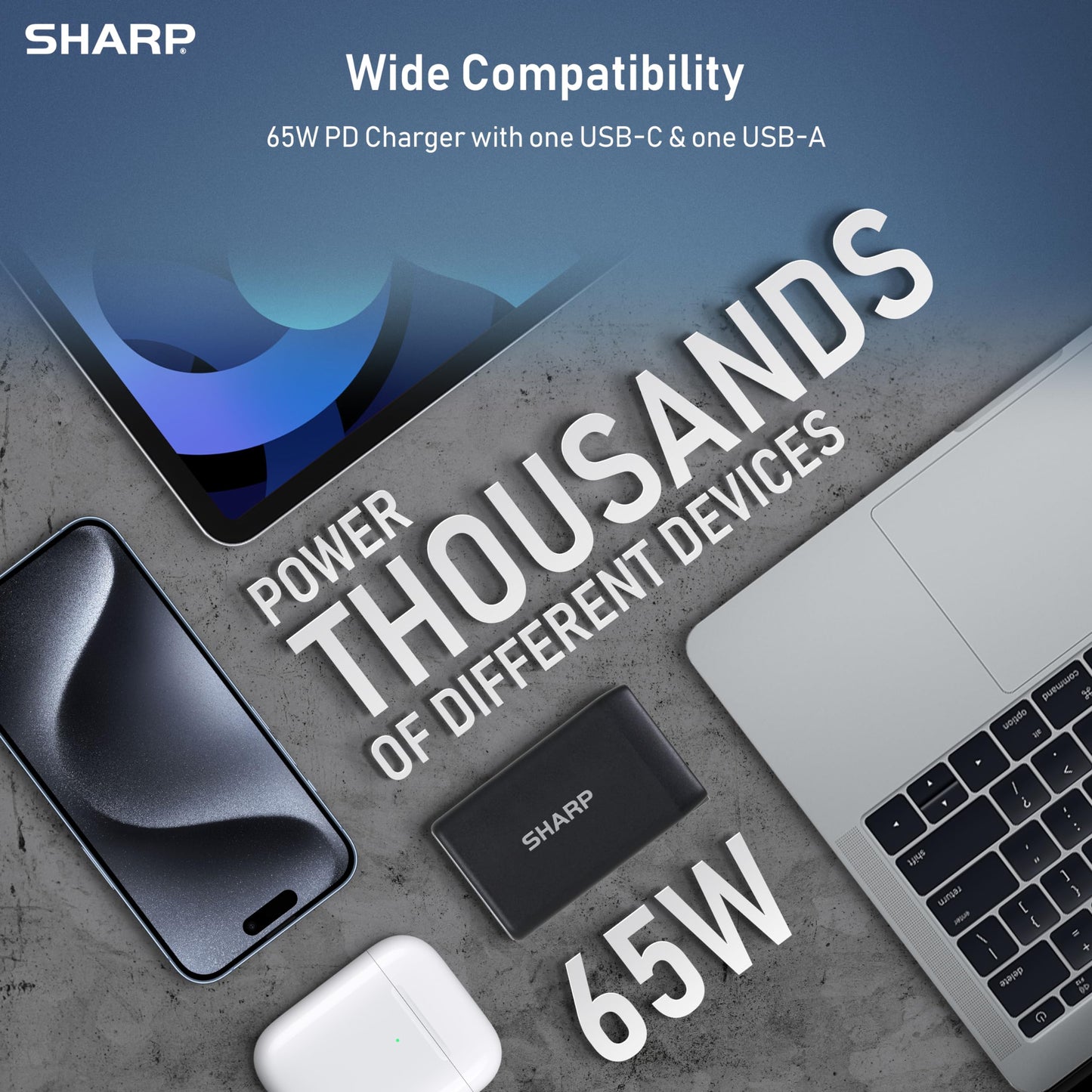 Sharp USB-C Charger, 65W, 2-Port (USB A+C), Compact Foldable GaN Fast Charge for MacBook, iPad, Galaxy S23, Dell XPS, Note 20/10+, iPhone 15/Pro