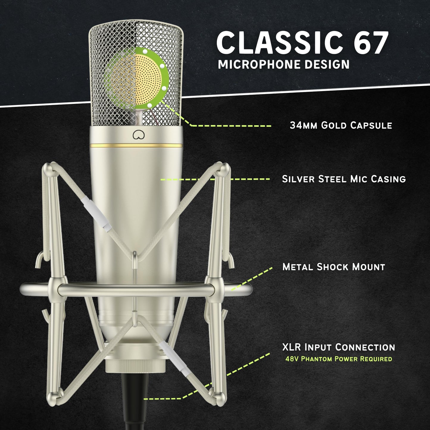 MA-67 Studio Condenser Microphone, 34mm Gold Large Diaphragm Capsule, Including Hydro Pop Filter, Metal Shock Mount, XLR Cable and Mic Bag - For Music
