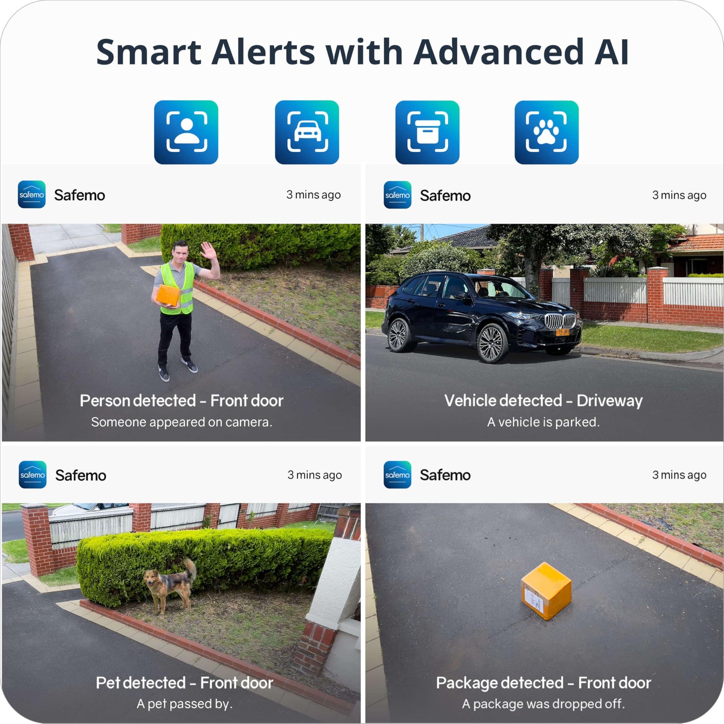 Safemo 4K Security Cameras Wireless Outdoor/Indoor, Battery Cameras for Home Security, No Monthly Fees, 32G Local Storage, Advanced AI, 5W Solar